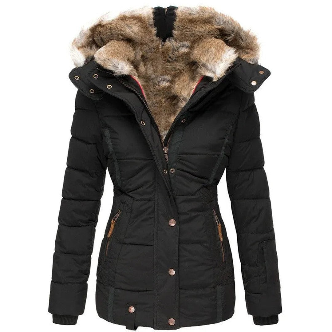 Woman wearing the Elara women's jacket, detail view