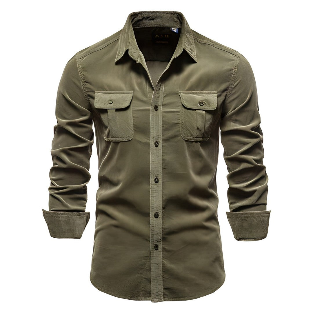 Man wearing the Elias men's casual shirt, side view