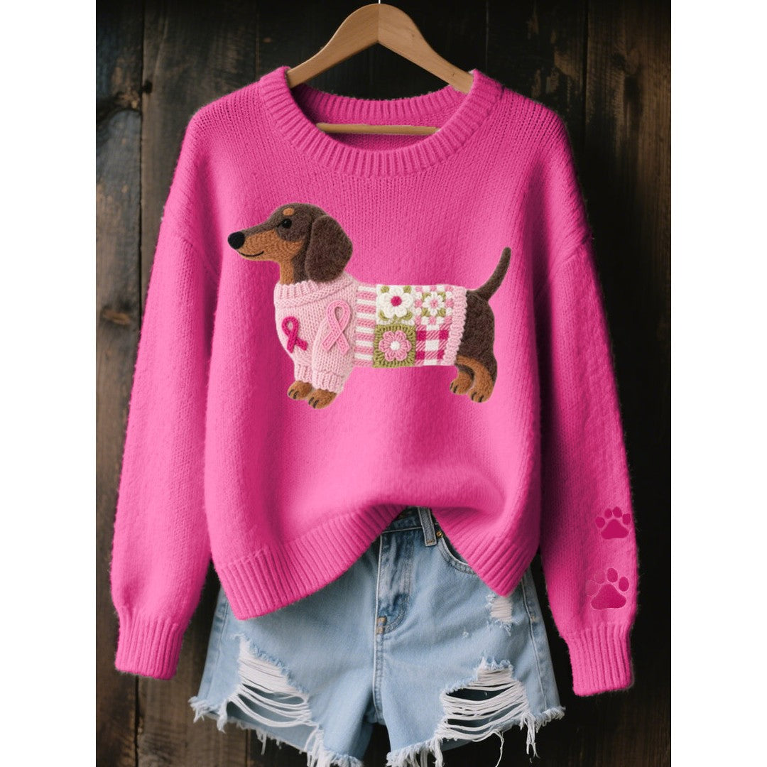 Woman wearing the Elin women's printed sweater, side view