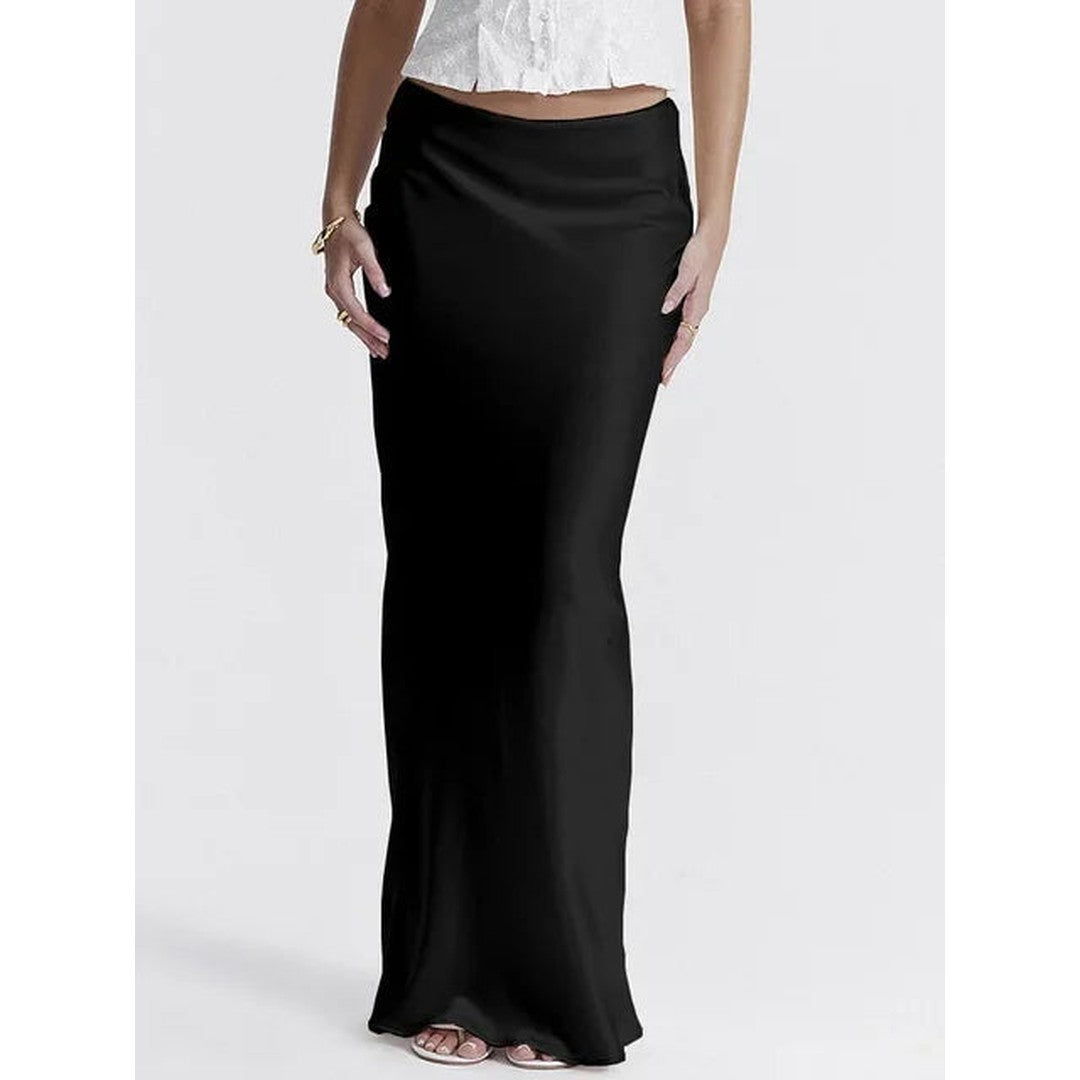 Woman wearing the Eloise women's maxi satin elegant skirt, model view