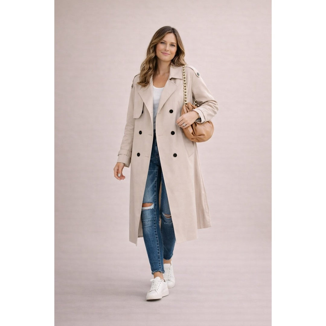 Woman wearing the Elsa women's casual polyester elegant trench coat in beige, flatlay view