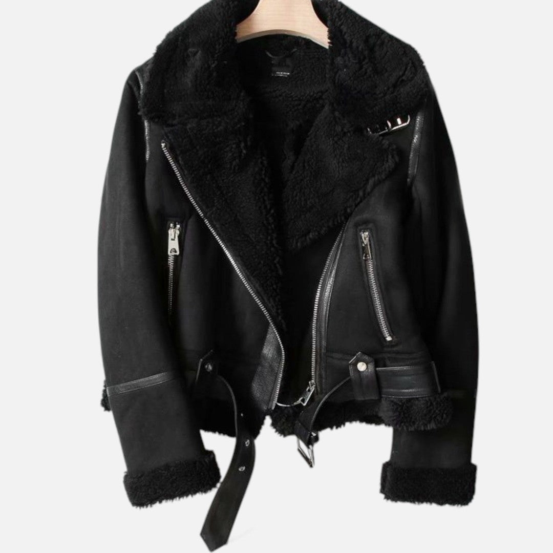 Woman wearing the Elspeth women's suede jacket, 7 view