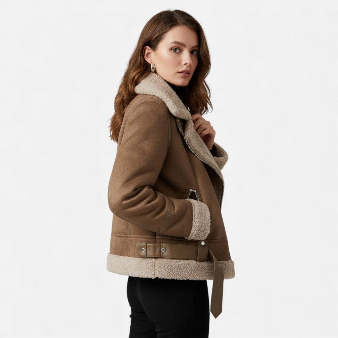 Woman wearing the Elspeth women's suede jacket, back view