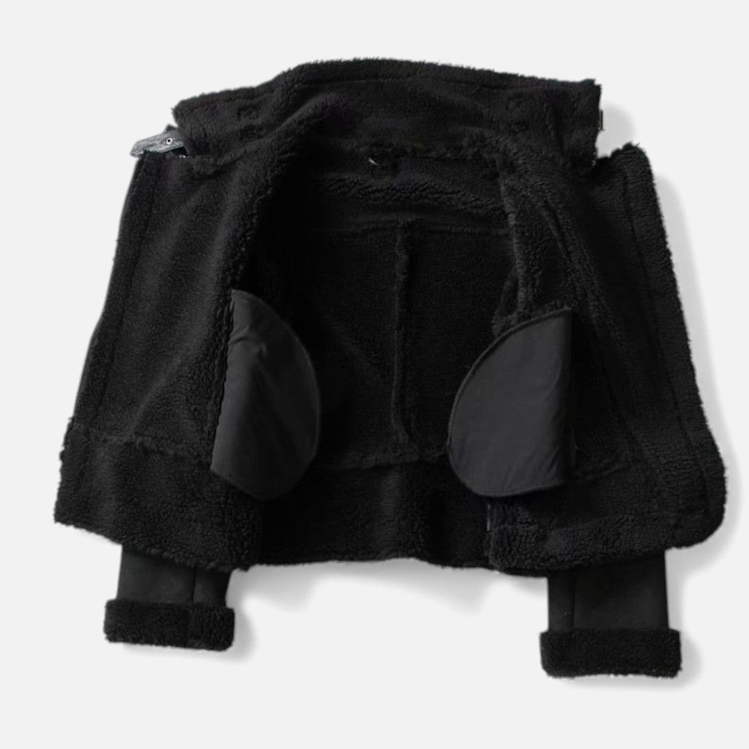 Woman wearing the Elspeth women's suede jacket, flatlay view