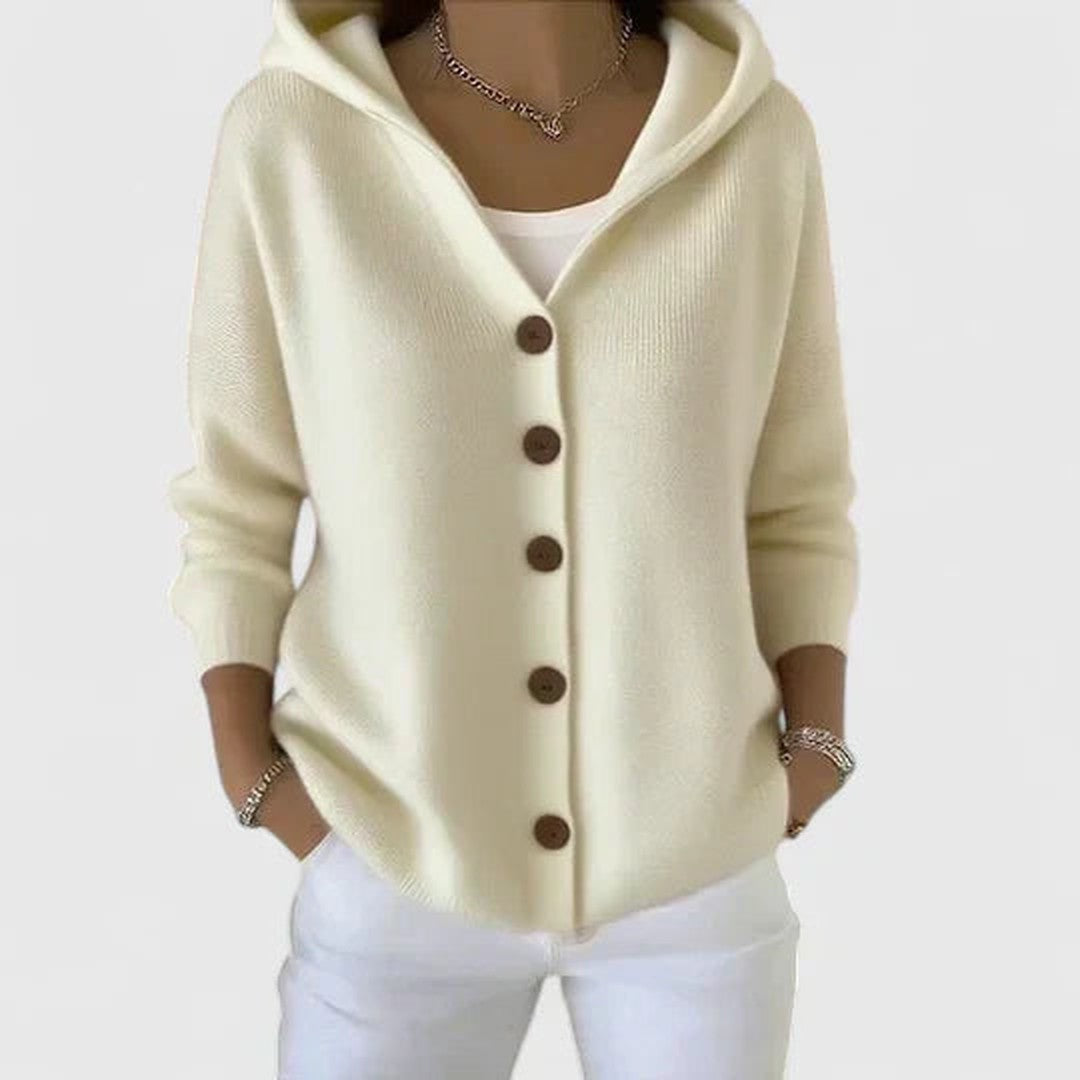 Woman wearing the Emery women's elegant cardigan, detail view