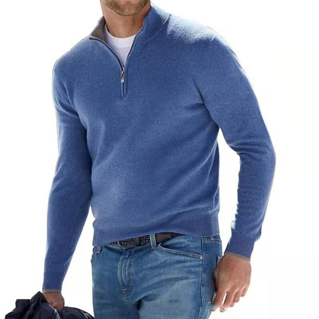 Man wearing the Emiliano men's v-neck merino wool zip-up sweater, 11 view