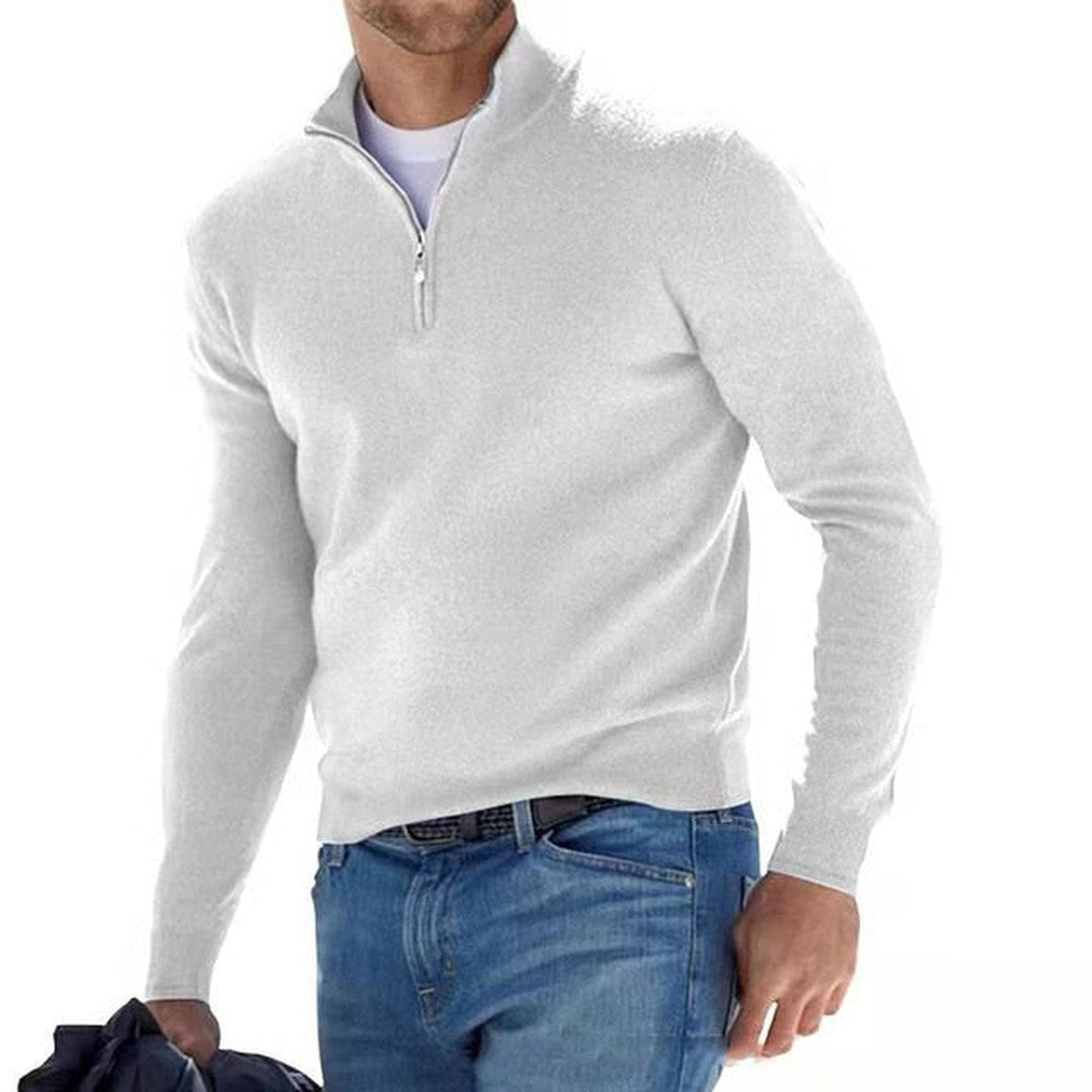 Man wearing the Emiliano men's v-neck merino wool zip-up sweater, 15 view