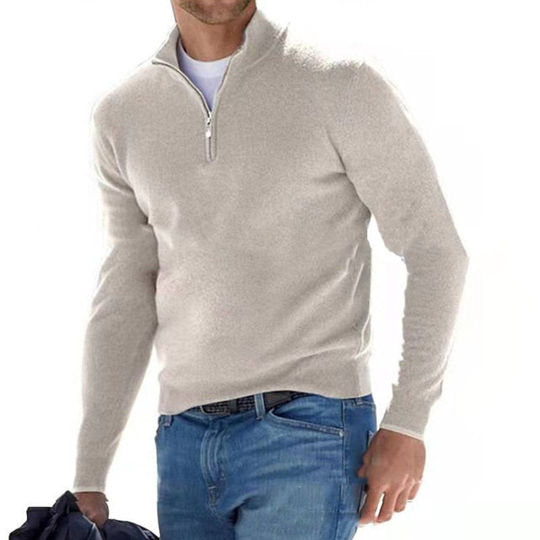 Man wearing the Emiliano men's v-neck merino wool zip-up sweater, 9 view
