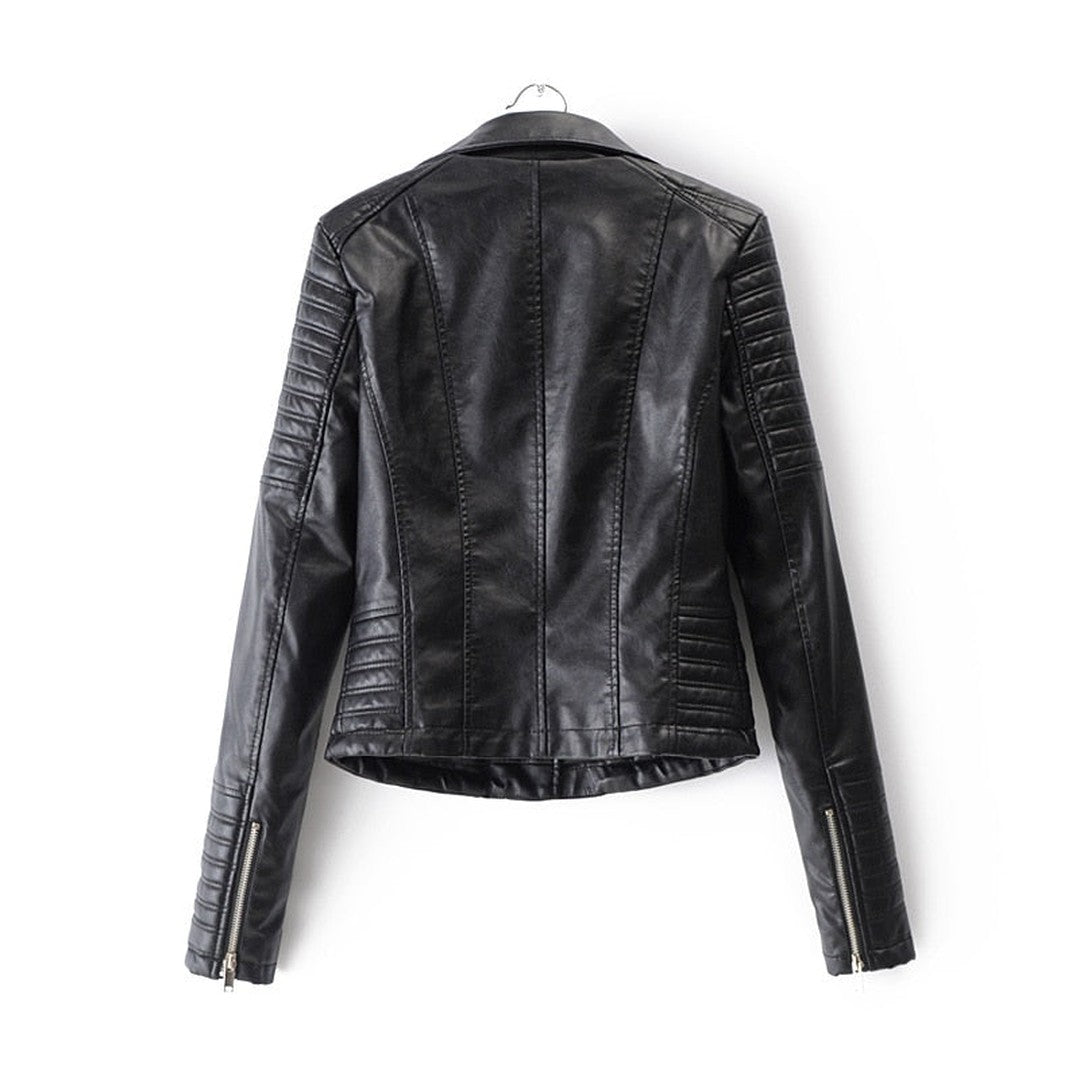 Woman wearing the Enya women's leather jacket, back view