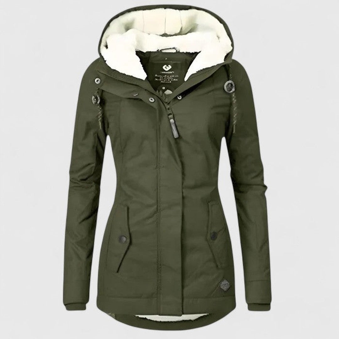 Woman wearing the Eva women's jacket, model view