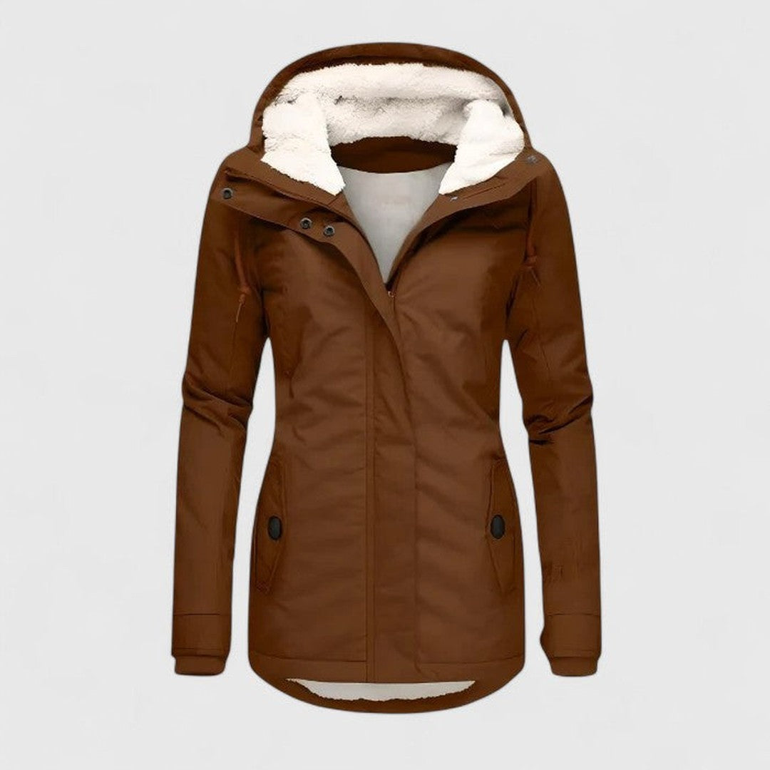 Woman wearing the Eva women's jacket, side view