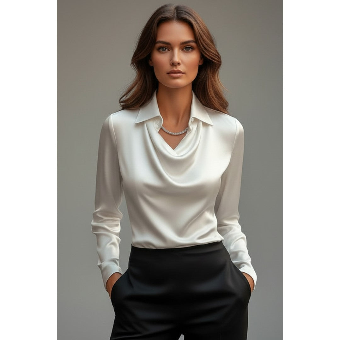 Woman wearing the Evadne women's satin blouse, back view