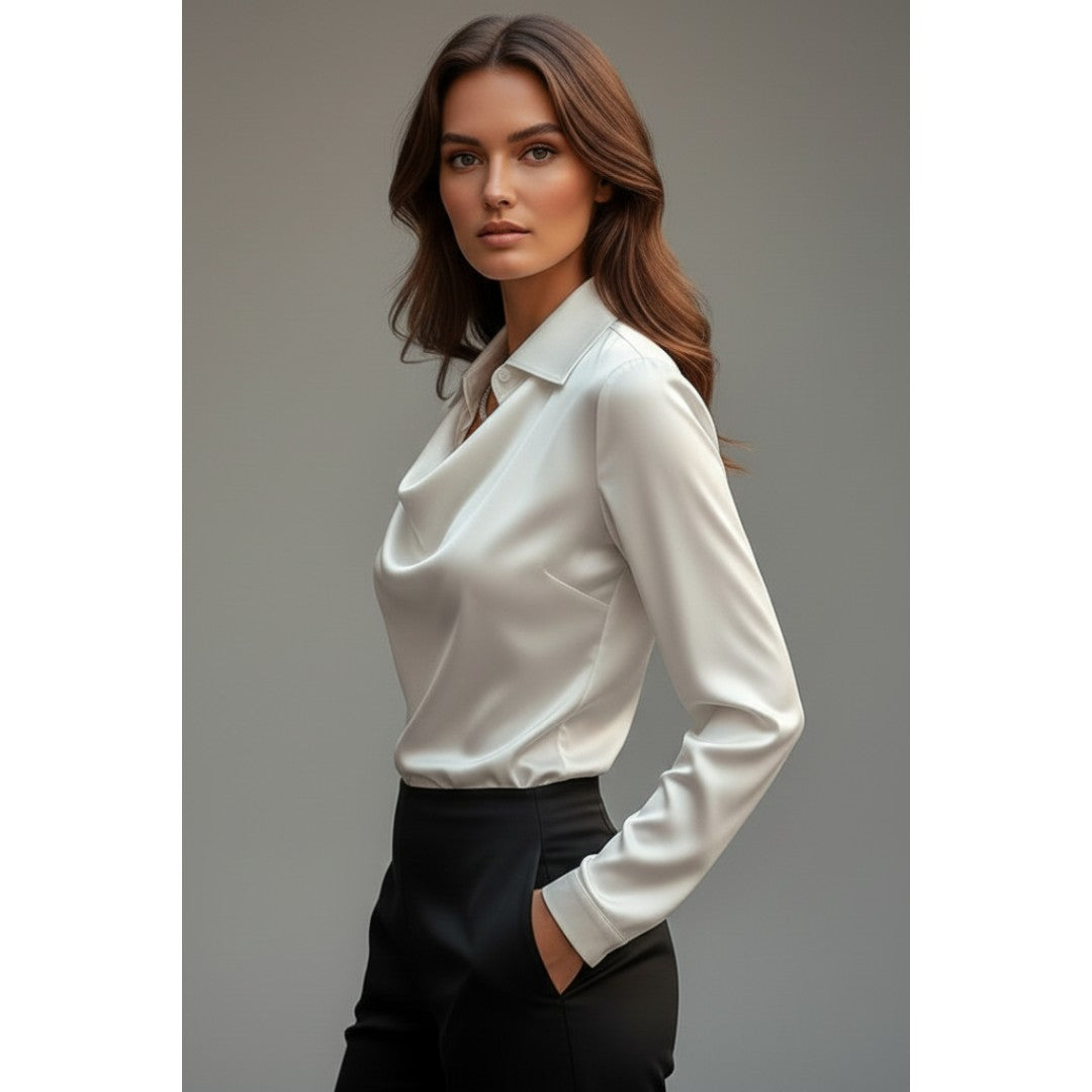 Woman wearing the Evadne women's satin blouse, side view