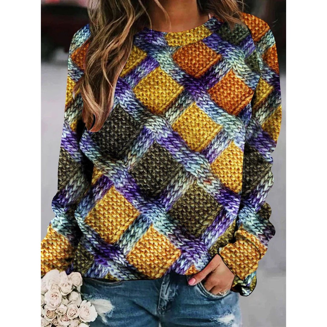 Woman wearing the Evangeline women's wool sweater, detail view