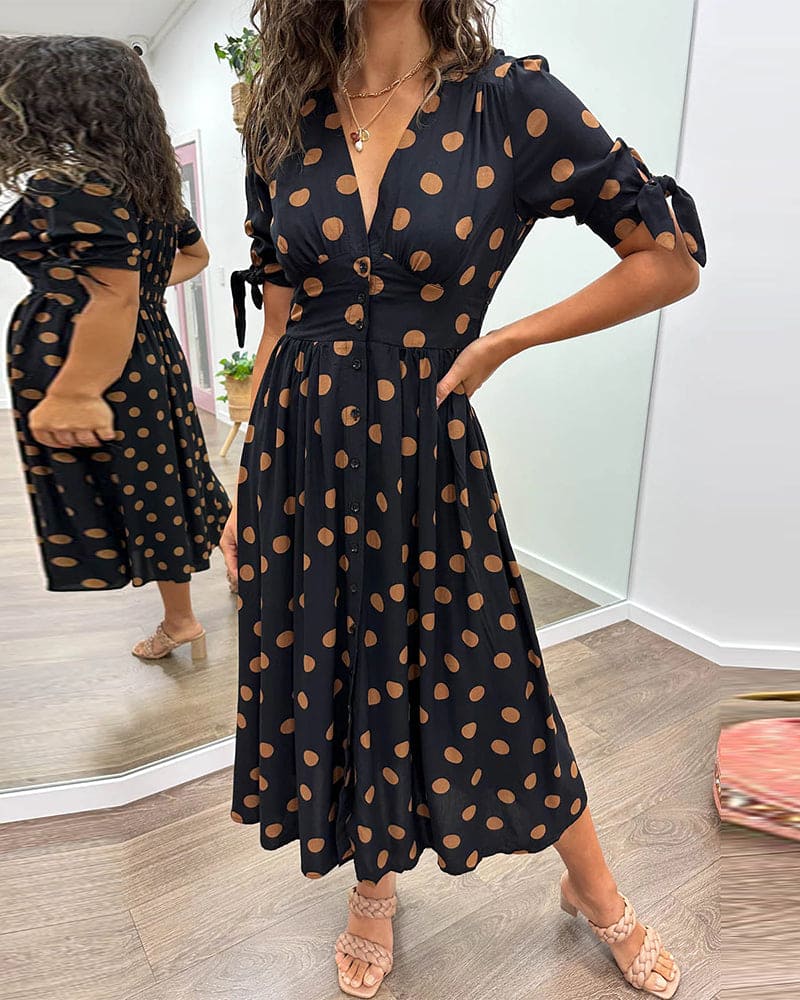 Freya | Women's Polka Dot V-Neck Button-Front Midi Dress