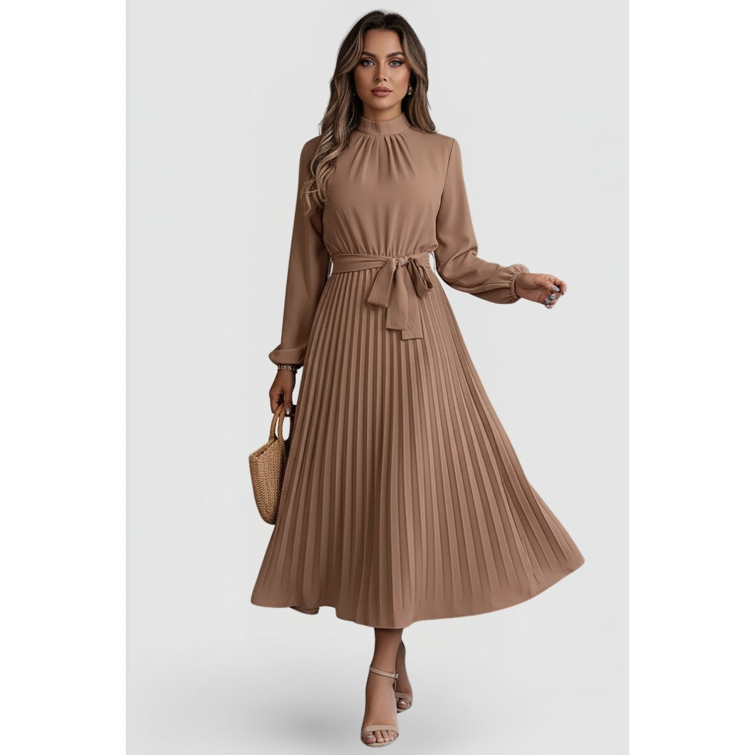 Woman wearing the Felix women's pleated dress, flatlay view