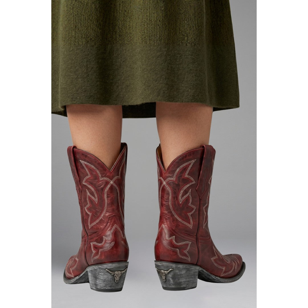 Woman wearing the Fenella women's embroidered boots, detail view