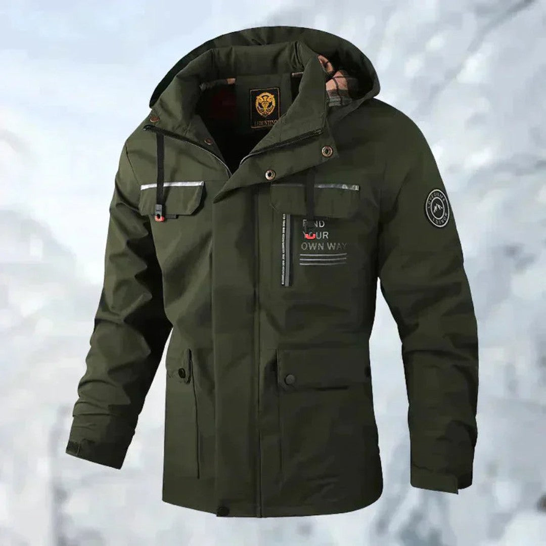 Man wearing the Flynn men's waterproof jacket, 7 view
