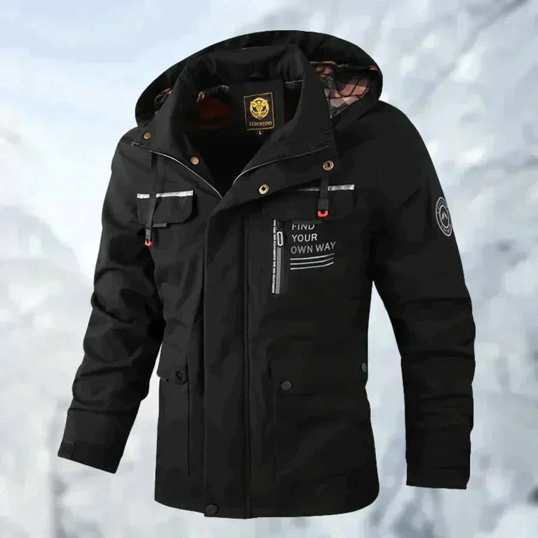 Man wearing the Flynn men's waterproof jacket, flatlay view