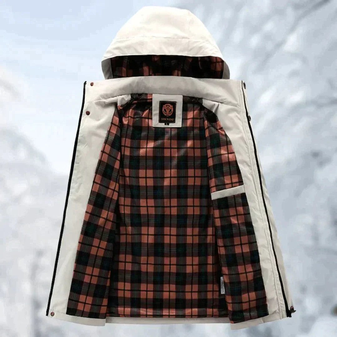 Man wearing the Flynn men's waterproof jacket, model view