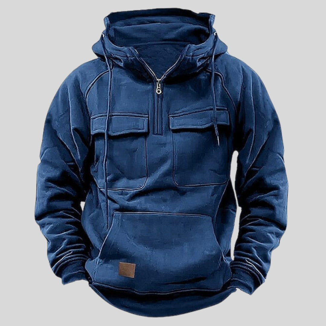 Man wearing the Ford men's hooded sweater, back view