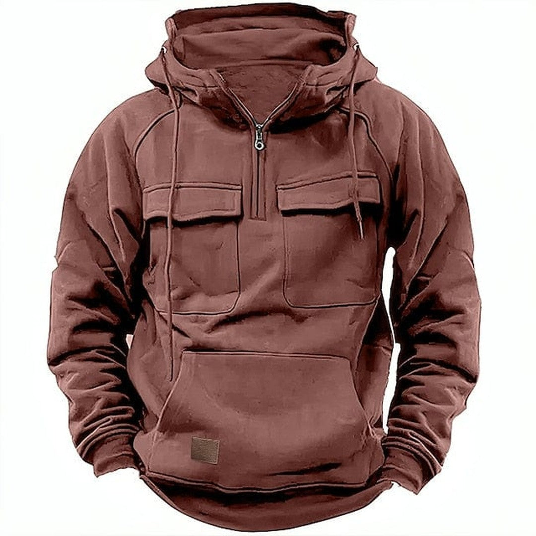 Man wearing the Ford men's hooded sweater, flatlay view