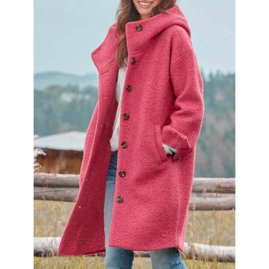 Woman wearing the Freya women's hooded coat, front view