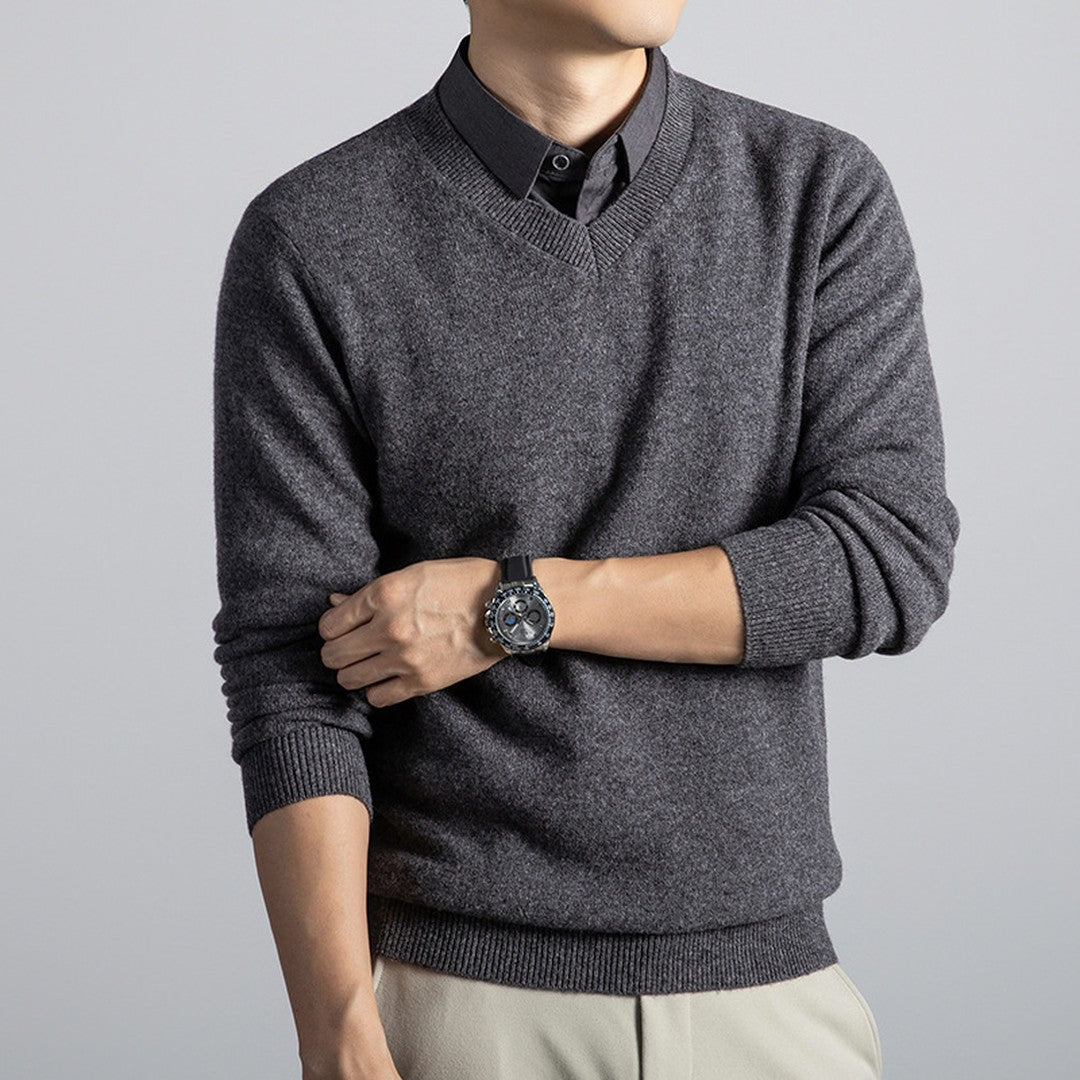 Man wearing the Gael men's v-neck knit long-sleeve sweater, side view