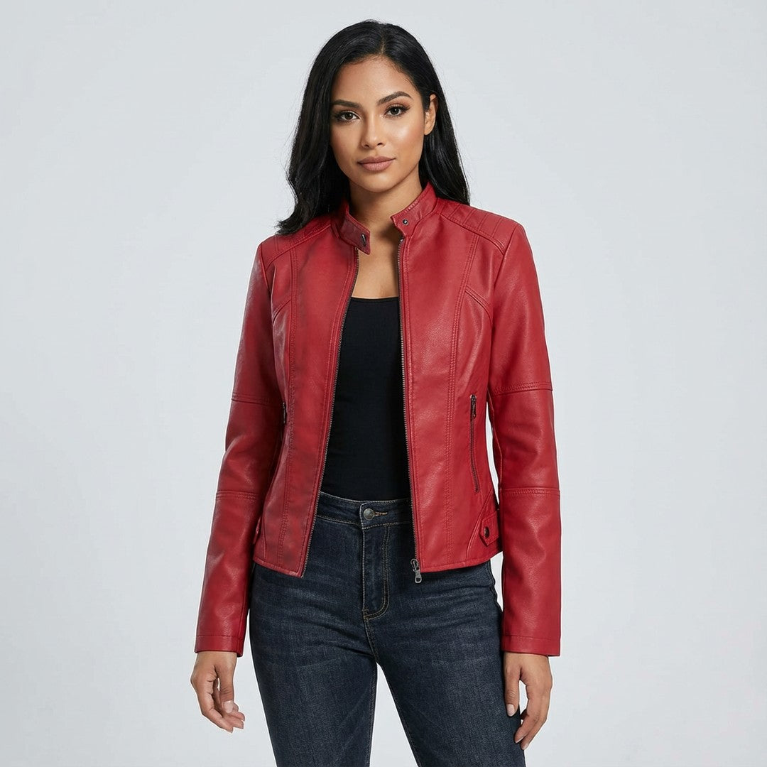 Woman wearing the Gemma women's leather jacket, 10 view