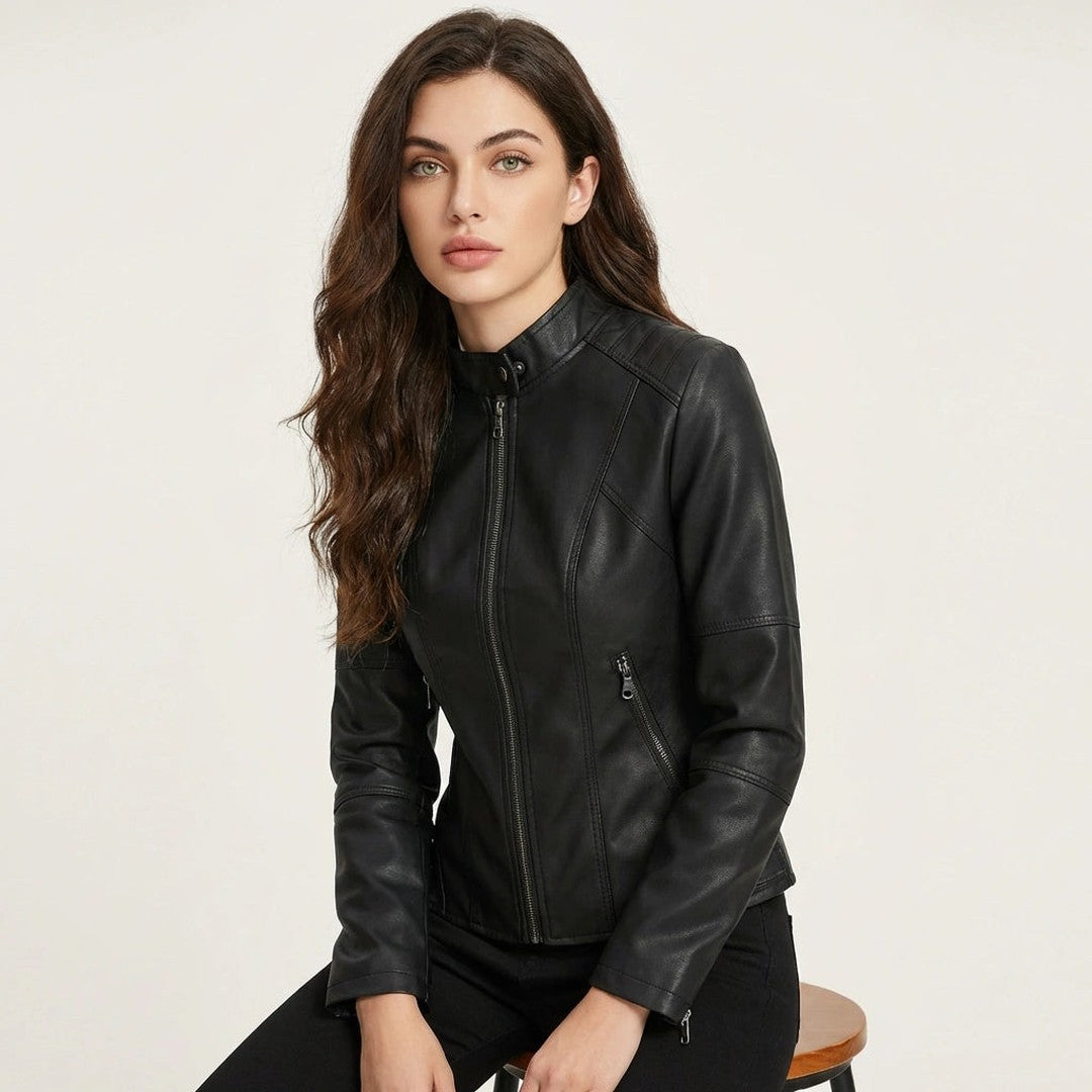 Woman wearing the Gemma women's leather jacket, back view
