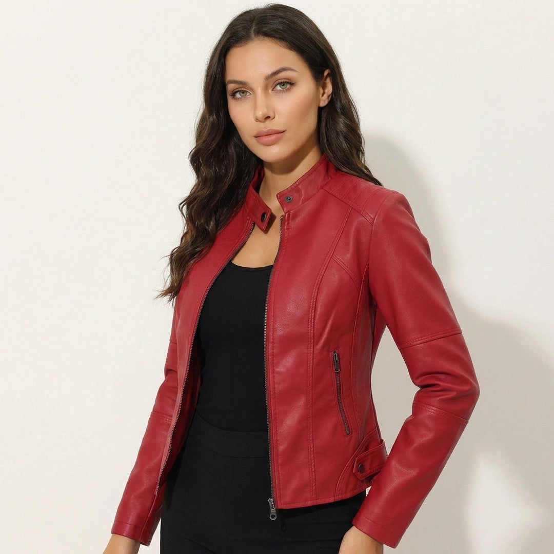 Woman wearing the Gemma women's leather jacket, side view