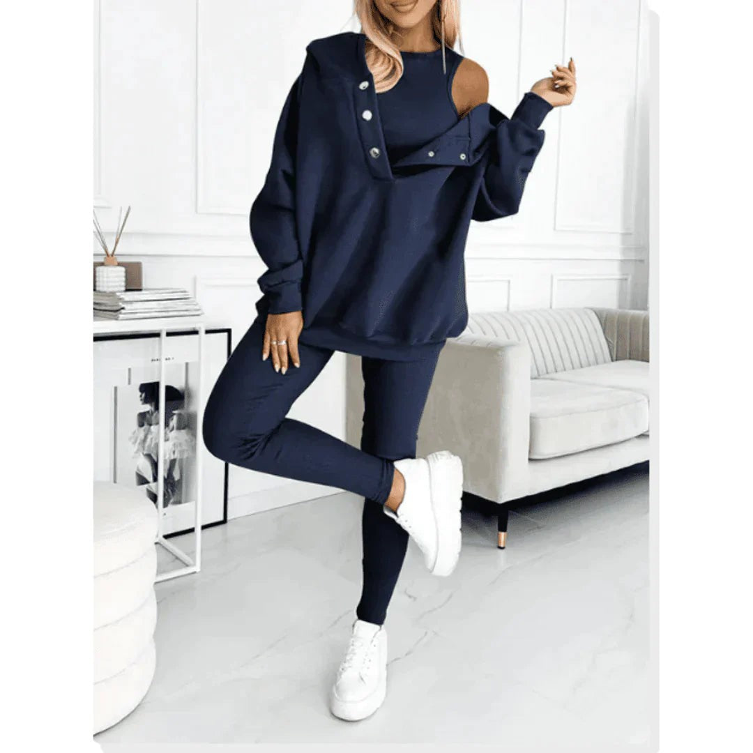 Woman wearing the Genevieve women's jumpsuit, detail view
