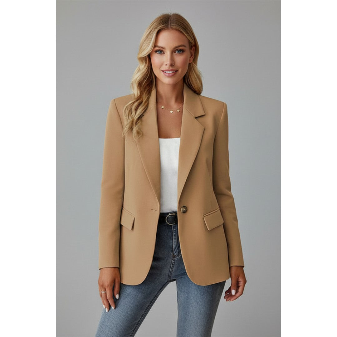 Woman wearing the Georgina women's button-up blazer, flatlay view