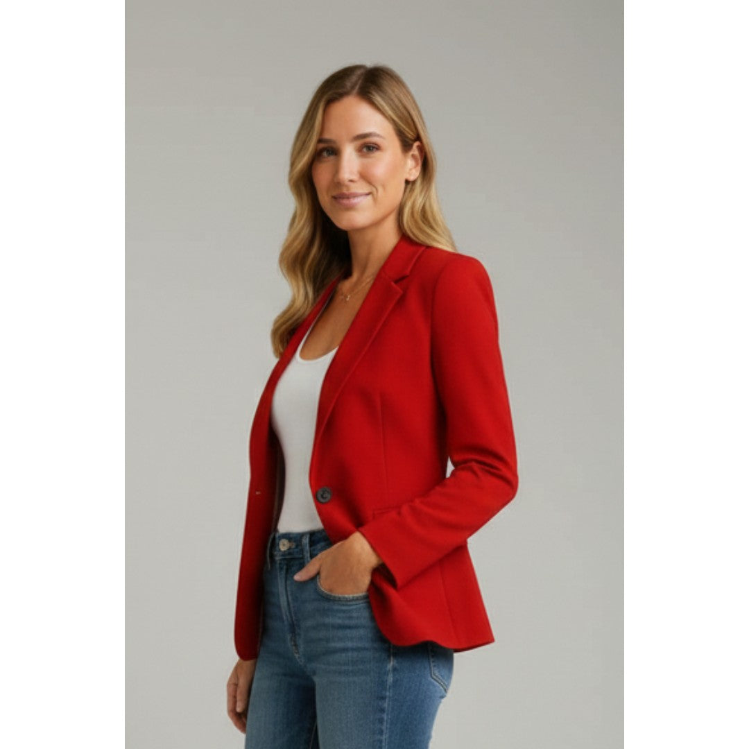 Woman wearing the Georgina women's button-up blazer, model view