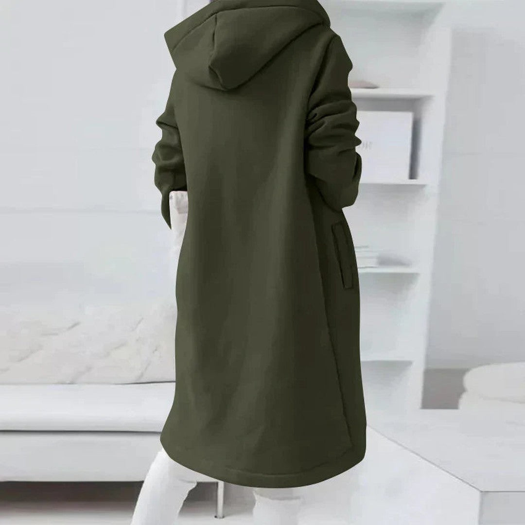 Woman wearing the Giulia women's hooded long-sleeve jacket, side view