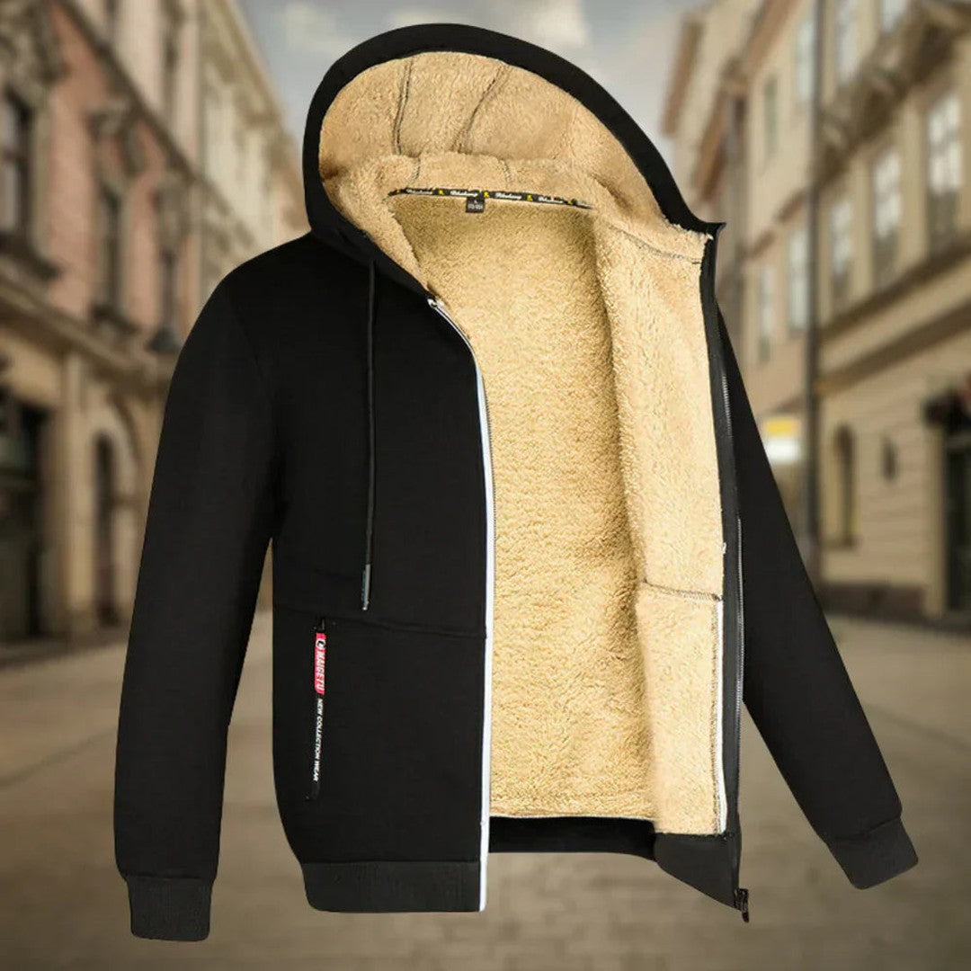 Man wearing the Grady men's fleece hoodie, back view