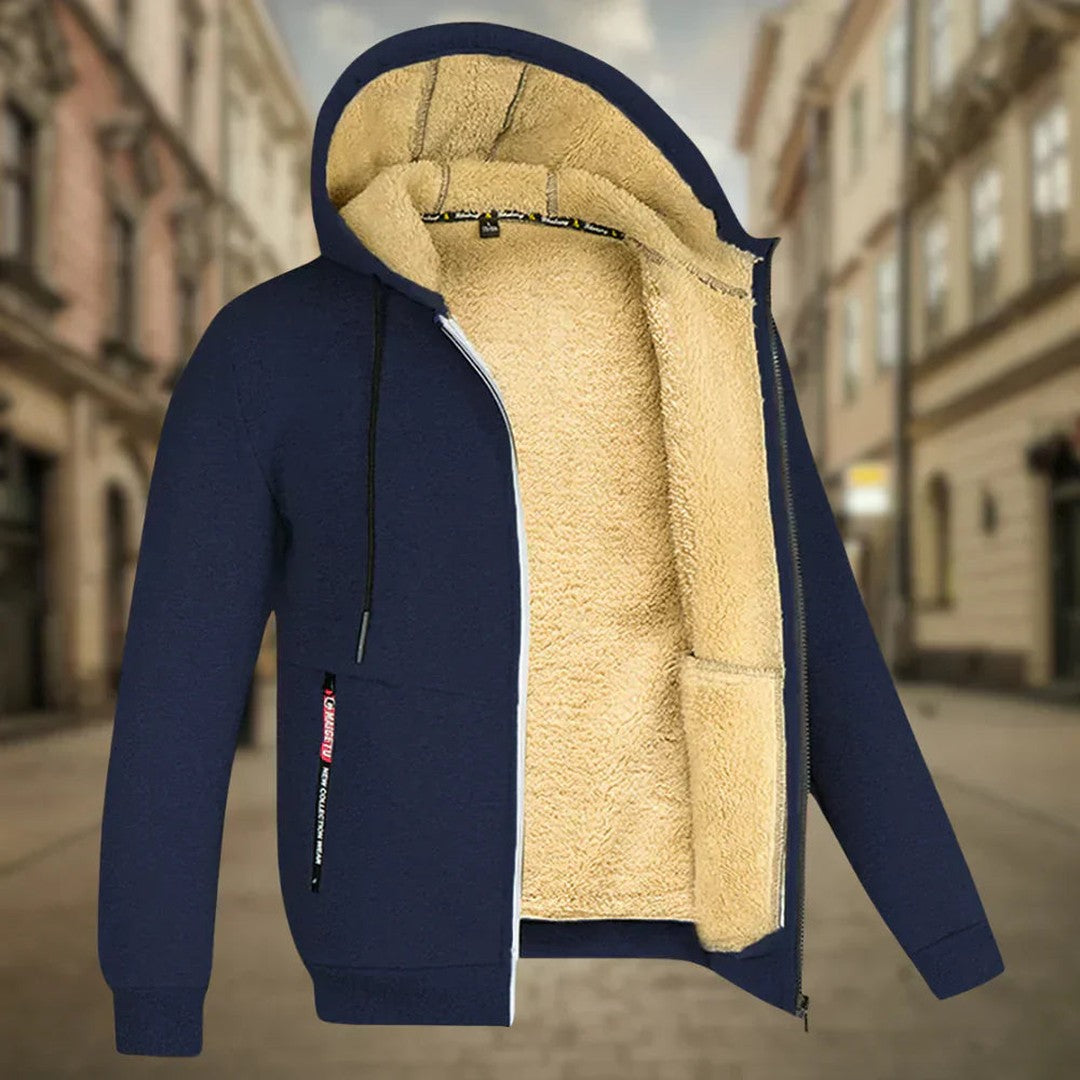 Man wearing the Grady men's fleece hoodie, flatlay view