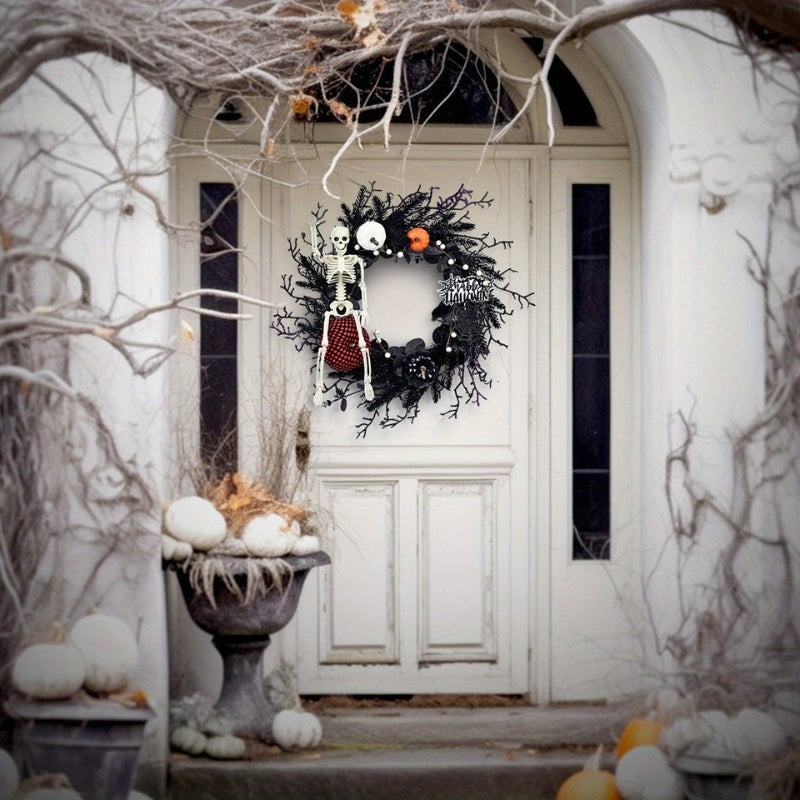 Skeleton and pumpkin Halloween door wreath - product photo 4