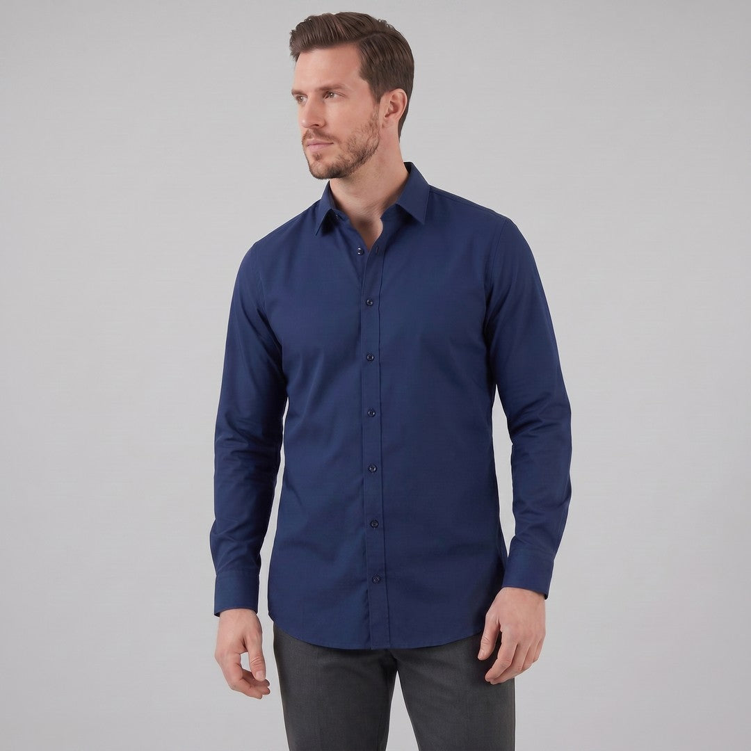 Man wearing the Grayson men's slim-fit polyester long-sleeve shirt, 12 view