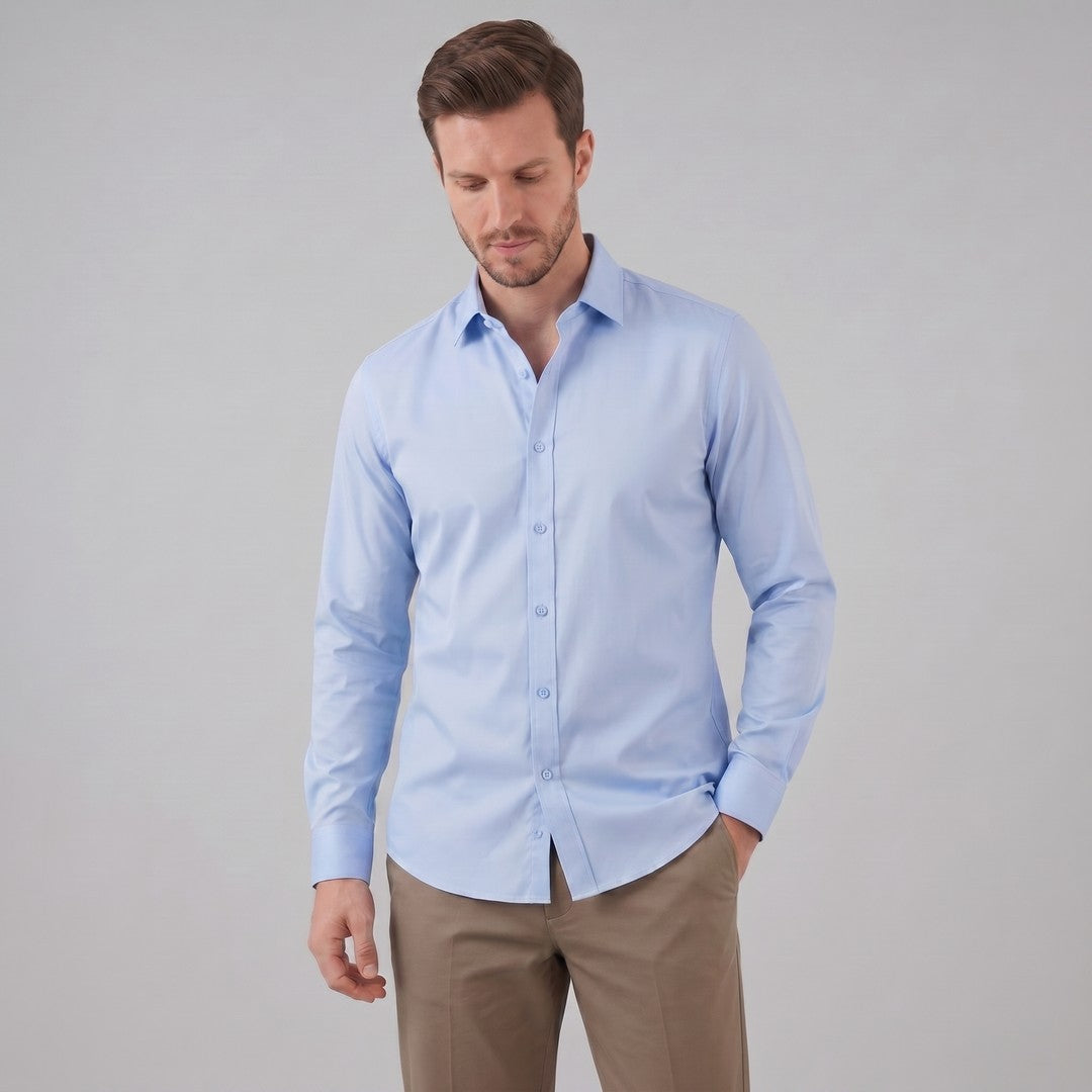 Man wearing the Grayson men's slim-fit polyester long-sleeve shirt, 17 view