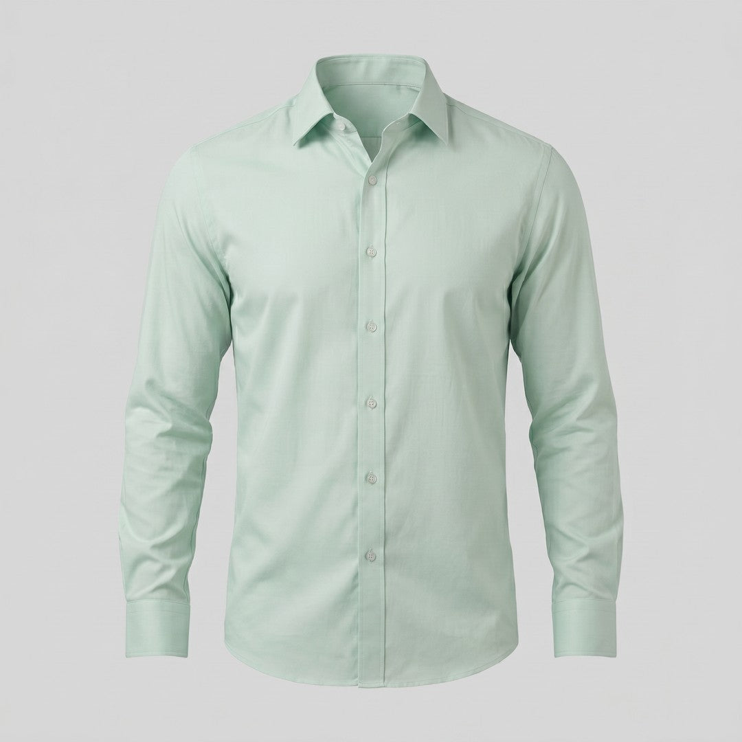 Man wearing the Grayson men's slim-fit polyester long-sleeve shirt, 26 view