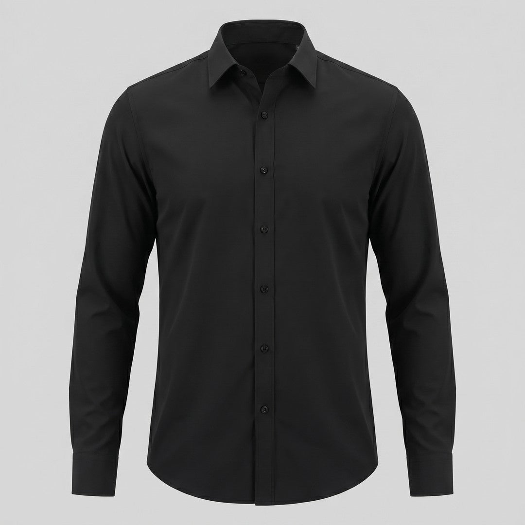 Man wearing the Grayson men's slim-fit polyester long-sleeve shirt, flatlay view