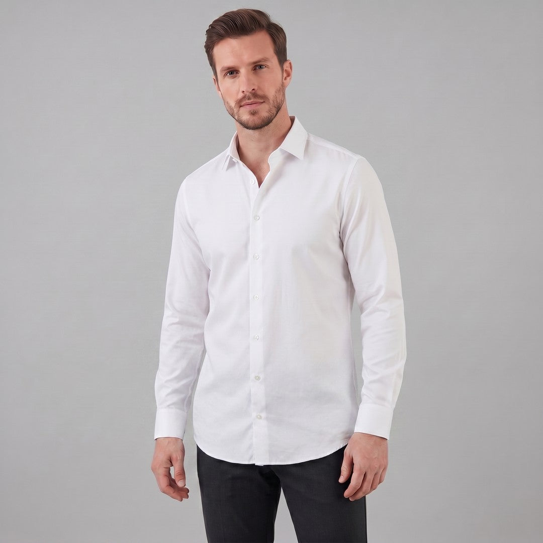 Man wearing the Grayson men's slim-fit polyester long-sleeve shirt, front view