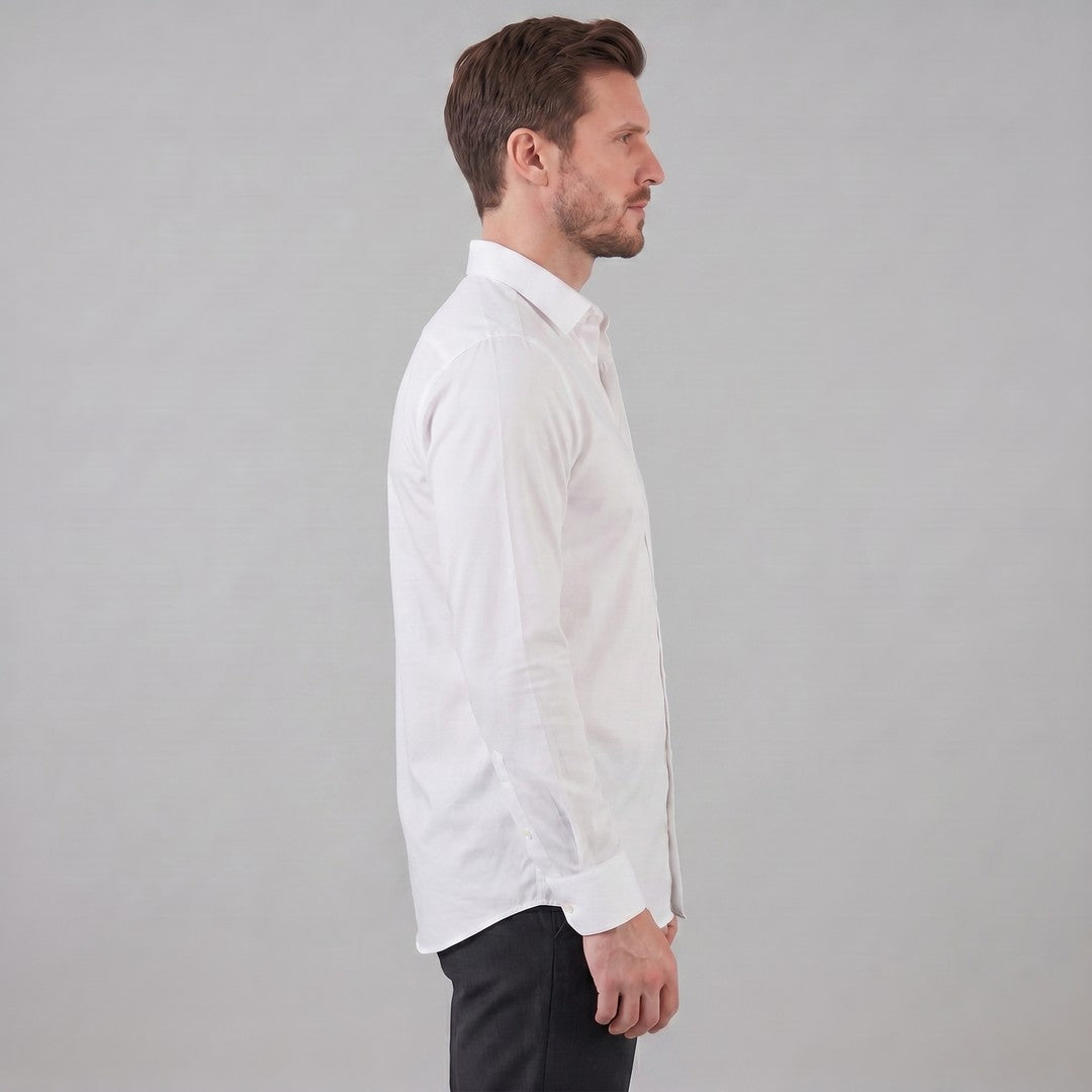 Man wearing the Grayson men's slim-fit polyester long-sleeve shirt, side view