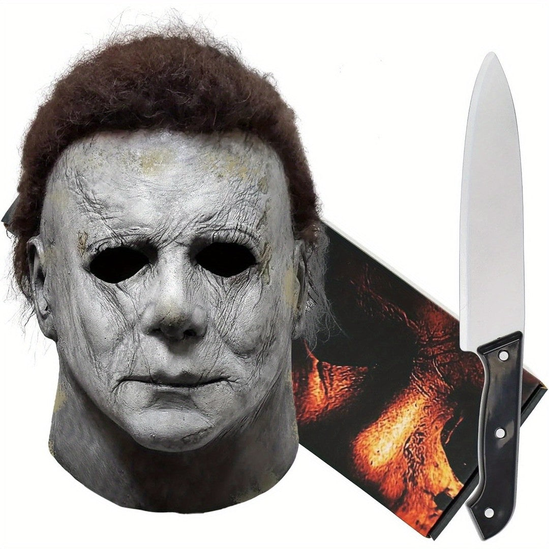 Latex horror mask with prop knife - product photo 1