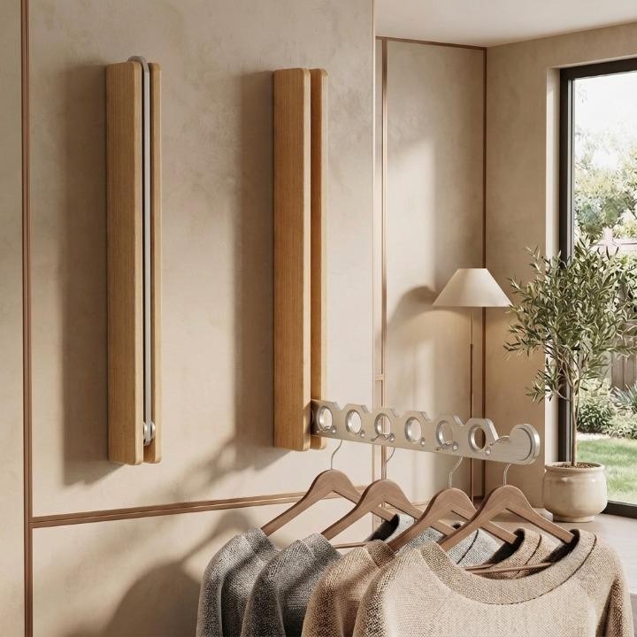 Wall-mounted wooden folding clothes rack - product photo 3