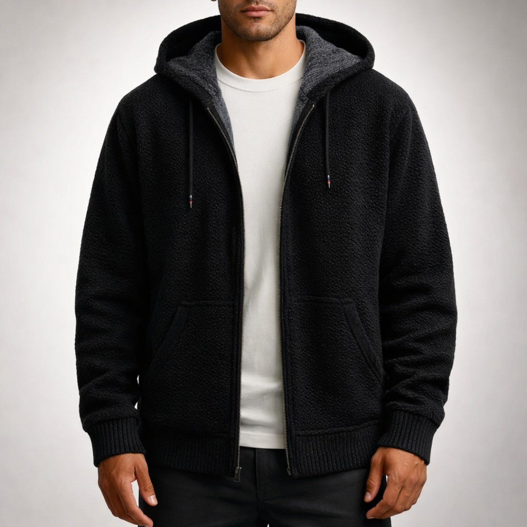 Man wearing the Harlan men's zip-up hoodie, detail view