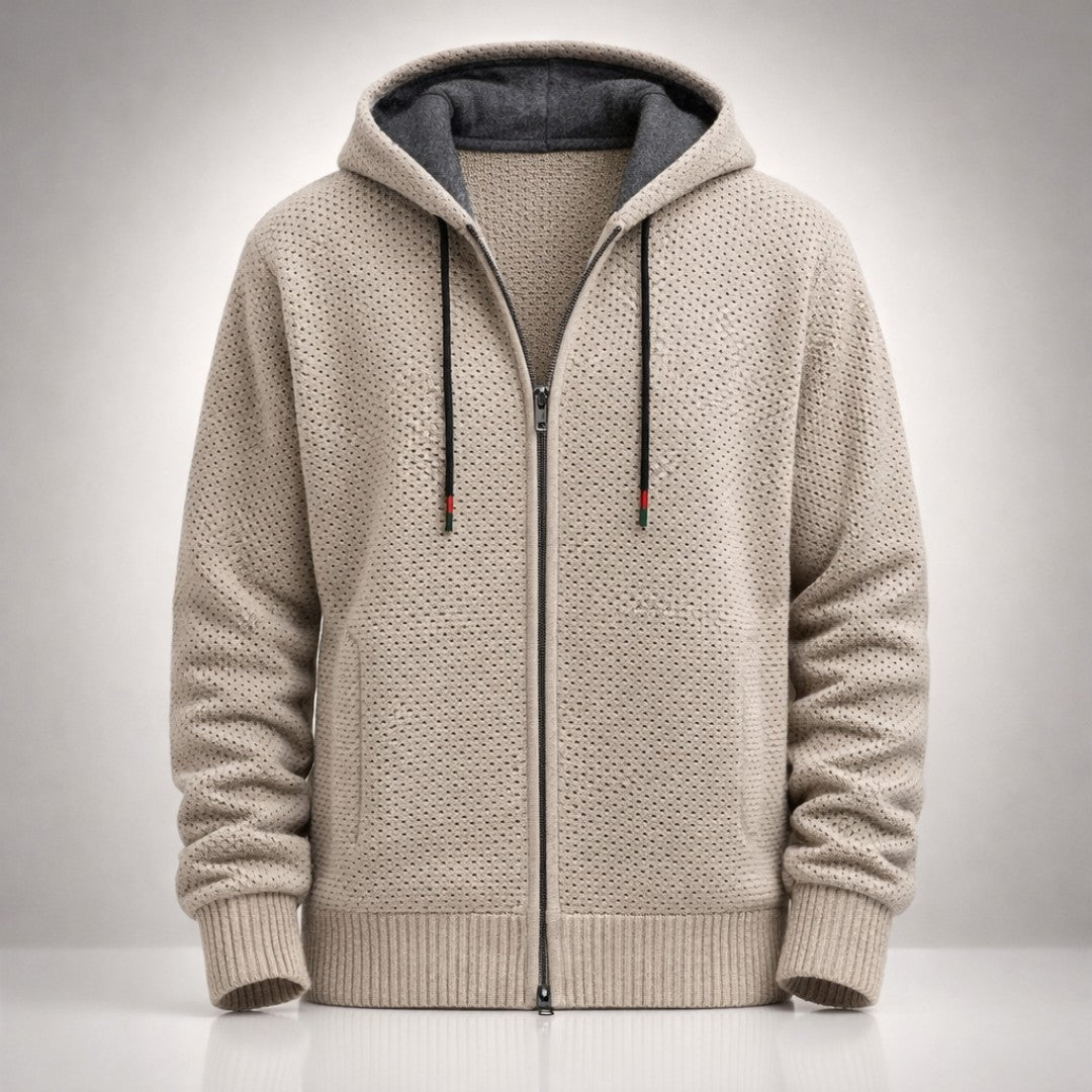 Man wearing the Harlan men's zip-up hoodie, model view