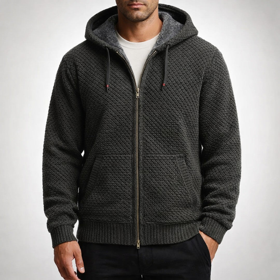 Man wearing the Harlan men's zip-up hoodie, side view