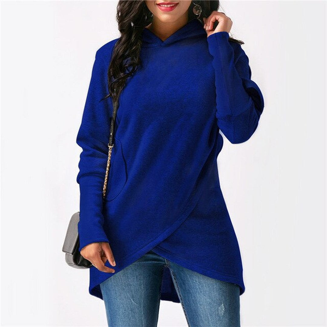 Woman wearing the Hattie women's hooded hoodie, detail view